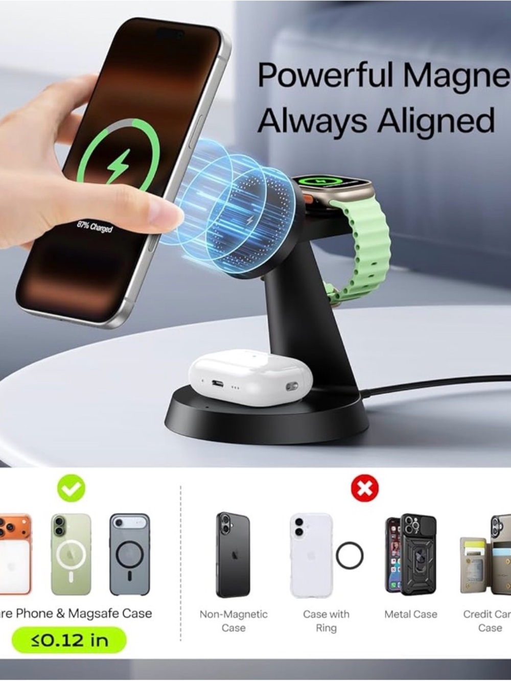 3-in-1 Magnetic Charging Stand for Phone, Watch and Earbuds - Mint Green